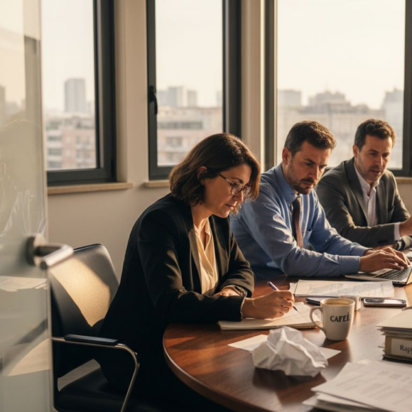 Un team di una PMI riunito in una luminosa sala meeting, immerso in un ambiente lavorativo B2B dinamico e collaborativo.