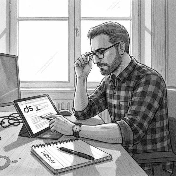 In ufficio, un uomo utilizza un dispositivo digitale per gestire le sue attività.