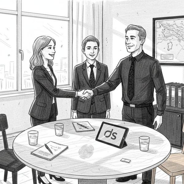 Titolare di una piccola impresa che accoglie i clienti nel proprio ufficio con un sorriso e una stretta di mano, pronto ad ascoltare le loro esigenze e a offrire un servizio personalizzato.