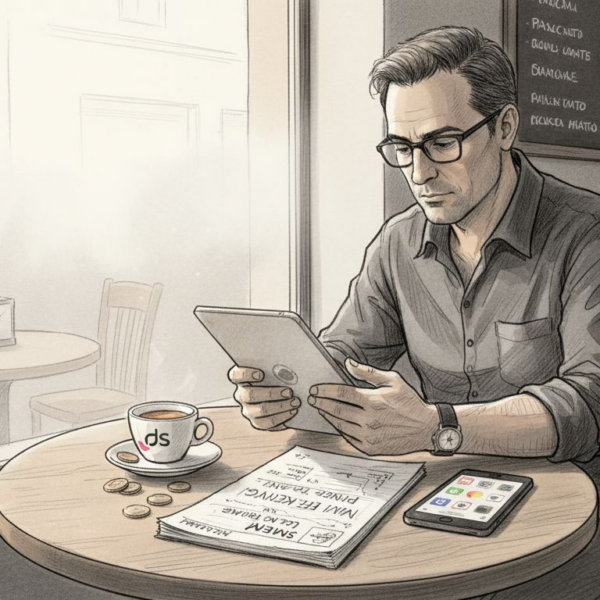 Un imprenditore italiano, seduto al tavolino di un bar, dedica qualche minuto a controllare l’andamento delle sue campagne di marketing sui vari canali digitali.