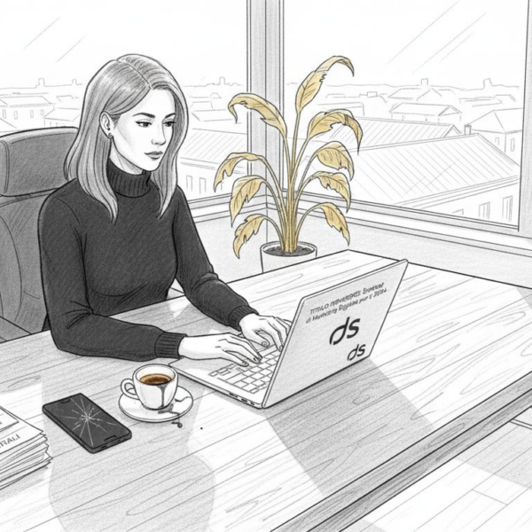 Responsabile marketing al lavoro sul blog aziendale nel suo ufficio in città