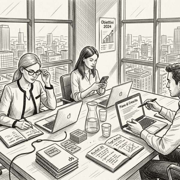 Il team di una piccola impresa si riunisce per definire la strategia digitale.