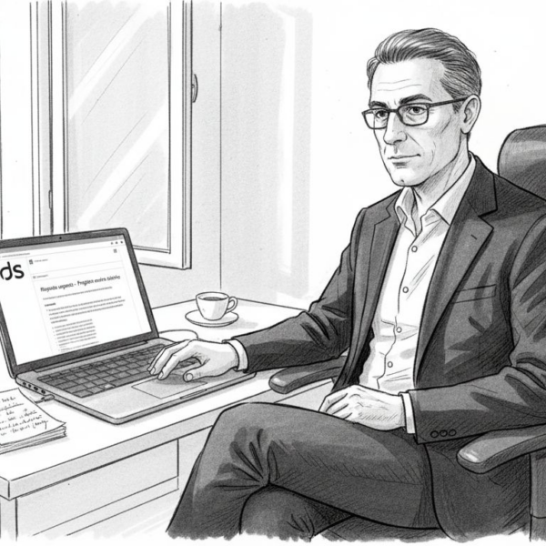 Un imprenditore italiano è al lavoro al computer nel suo ufficio.