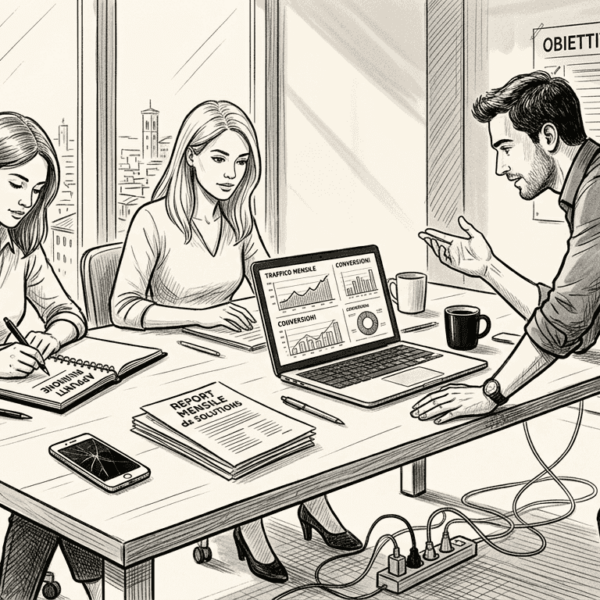 Un gruppo di lavoro di una piccola impresa che collabora insieme in un ufficio nel cuore della città.