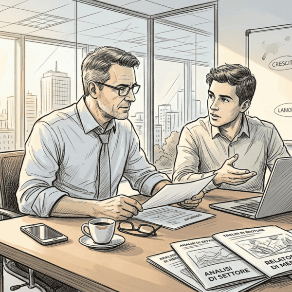 Il responsabile riunisce il team attorno al tavolo per confrontarsi sulle strategie di comunicazione digitale in azienda.