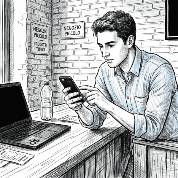 Titolare di un negozio in città controlla il suo smartphone dietro al bancone